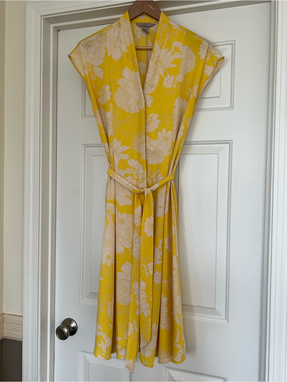 H&M Yellow Floral Midi Dress with Tie Belt